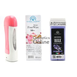 Kit pentru epilat GF 1, cu incalzitor roz, 50 benzi epilat, 1 cartus ceara cu lavanda 100 ml, art 23399